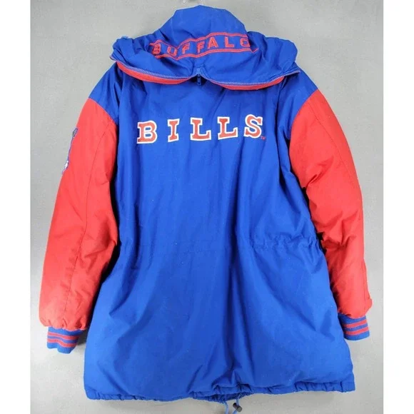 FLAWS** Vintage 90s Buffalo Bills NFL Jacket XL Parka Triple FAT‎ Goose Blue Red